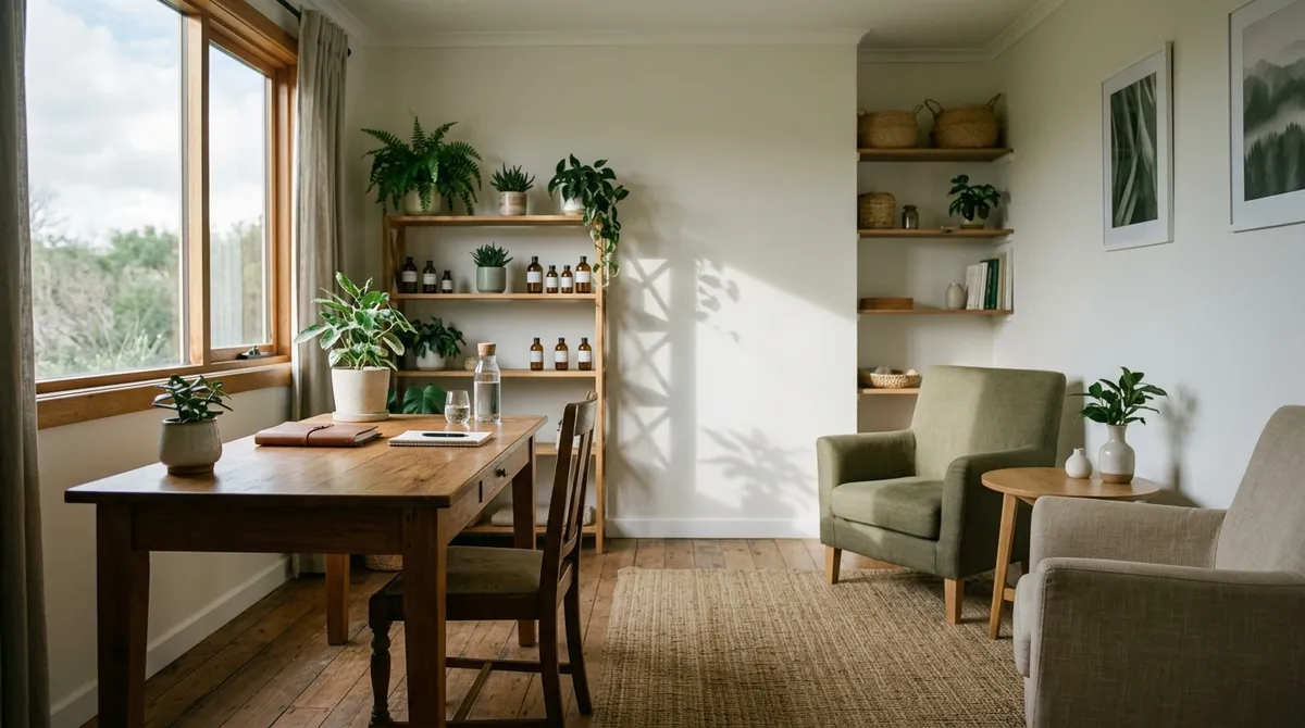 Cabinet de naturopathie : bureau, fauteuils, plantes
