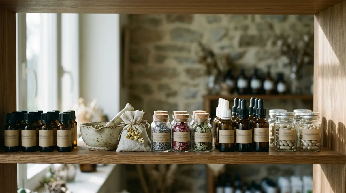 Étagère de plantes et compléments d’un cabinet de naturopathie